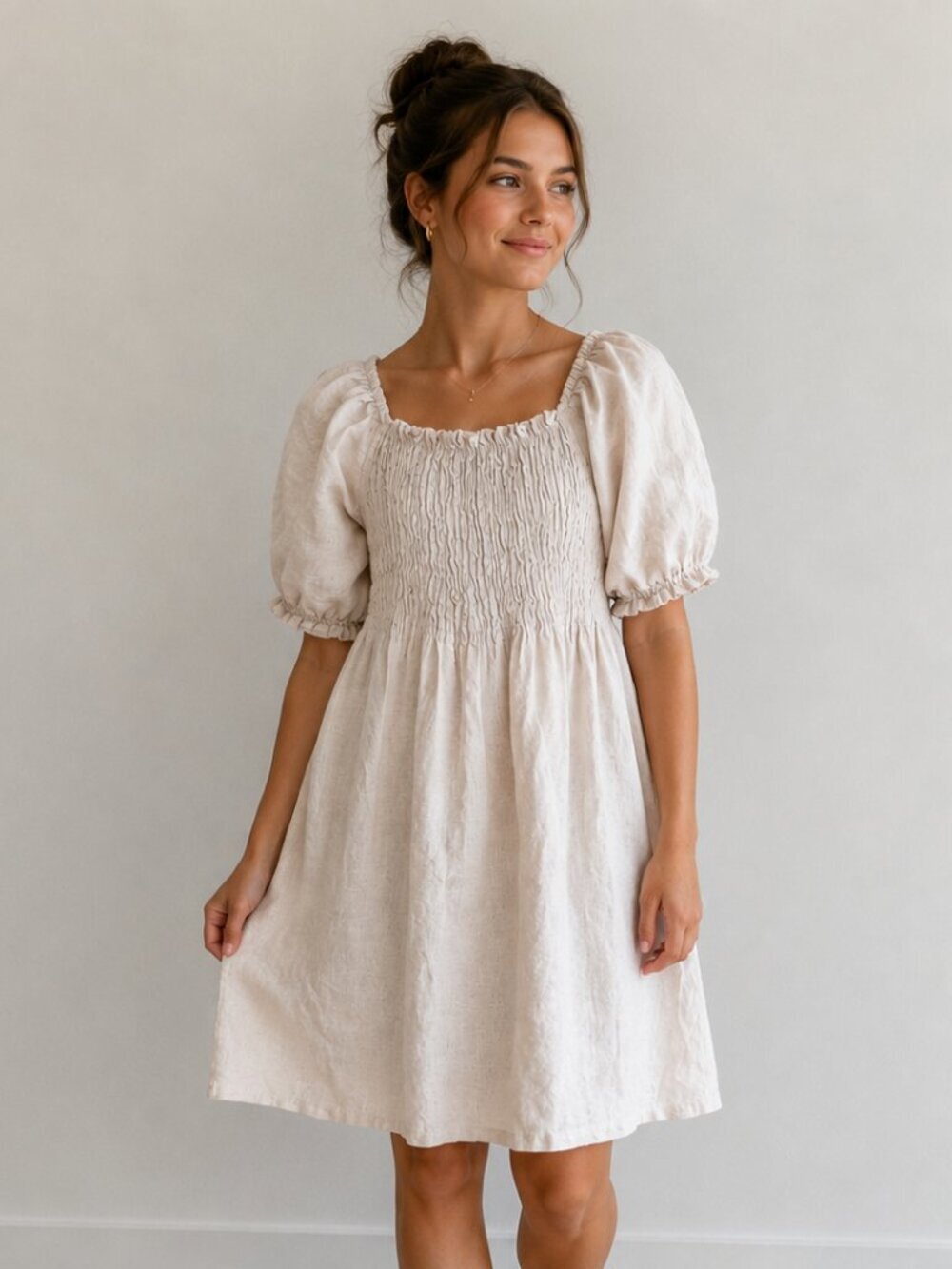 Bellambra Italian Linen Smocked Puff Sleeve Boho Dress Natural Beige size Small